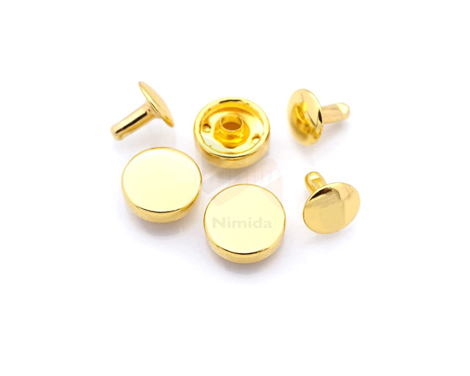 Nimida™ Tablet Style Round Headed Flat Double Capped Metal Tubular Rivets Buttons | Golden | 9 mm | for DIY Leather Shoes Bag Bracelet Style Rapid Studs