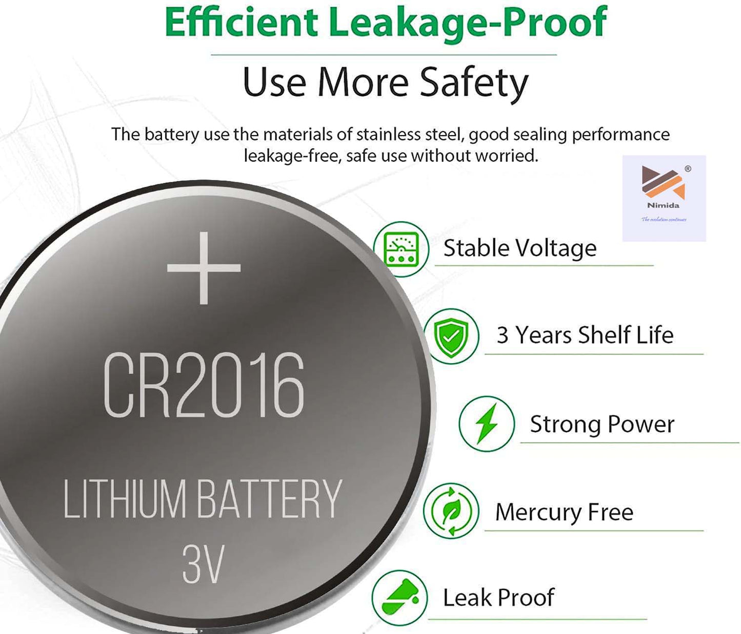 Nimida CR2016 Micro Lithium Coin Battery 3V, Suitable for use in Calculators, keyfobs, Scales, wearables and Medical Devices